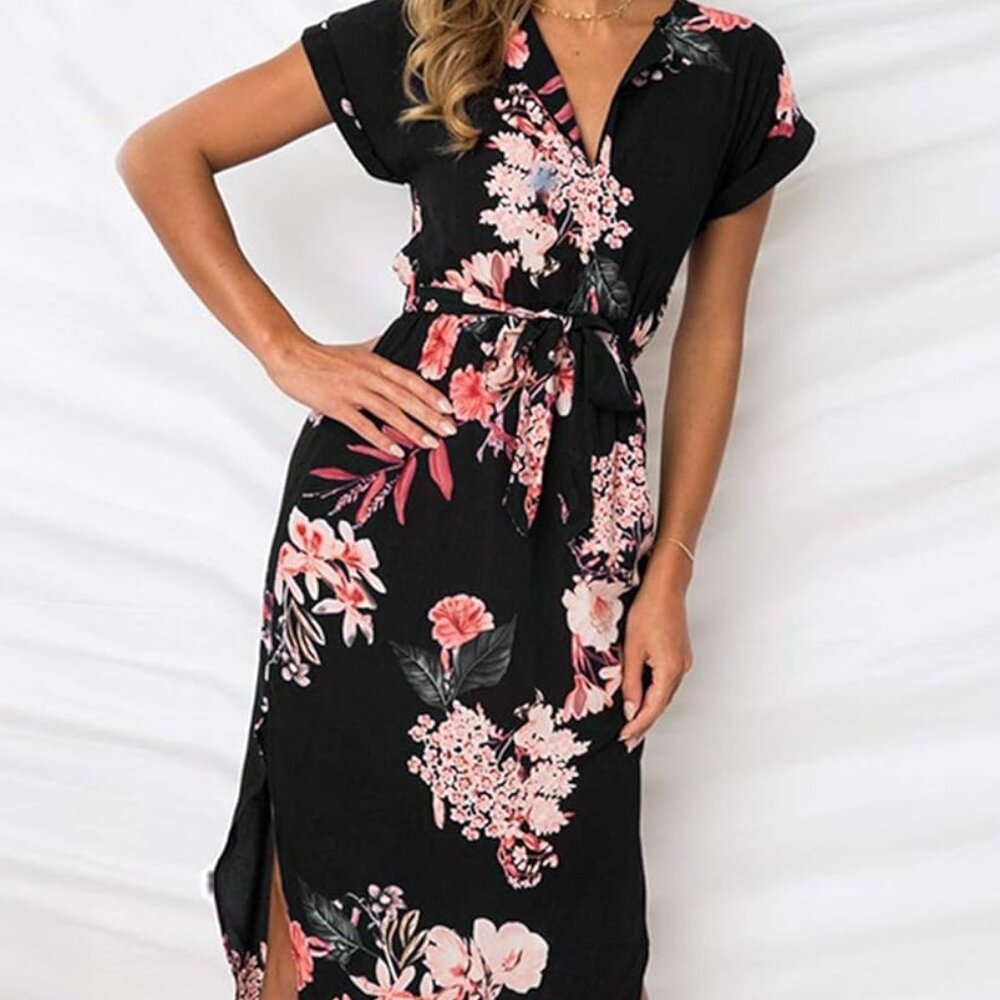 Women's Dresses Summer Floral Geometric Pattern Short Sleeve Midi V-Neck Casual